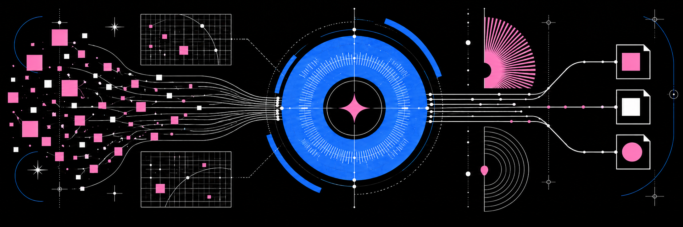 A blue circular processor connects many human ideas into one shared system.